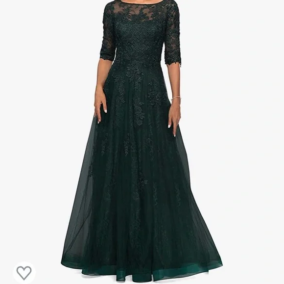 white christmas dresses Dark Green Off the Shoulder Lace A-Line Long Mother of the Bride Dress with  Sleeves main image 0